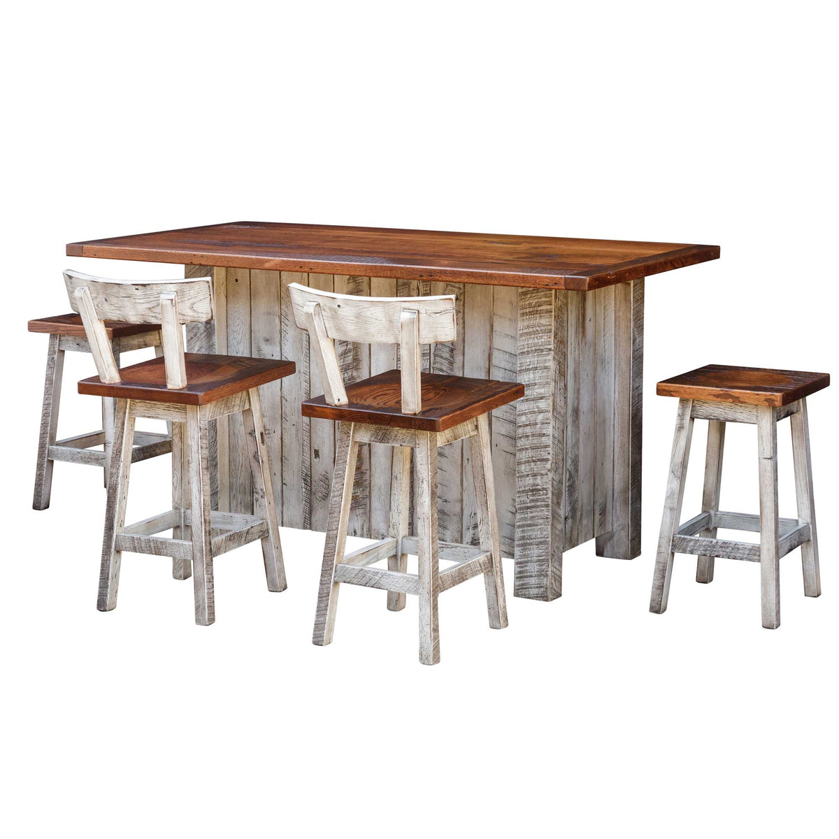 Whitewashed kitchen island with a stained top and four reclaimed wood stools, two with curved backs