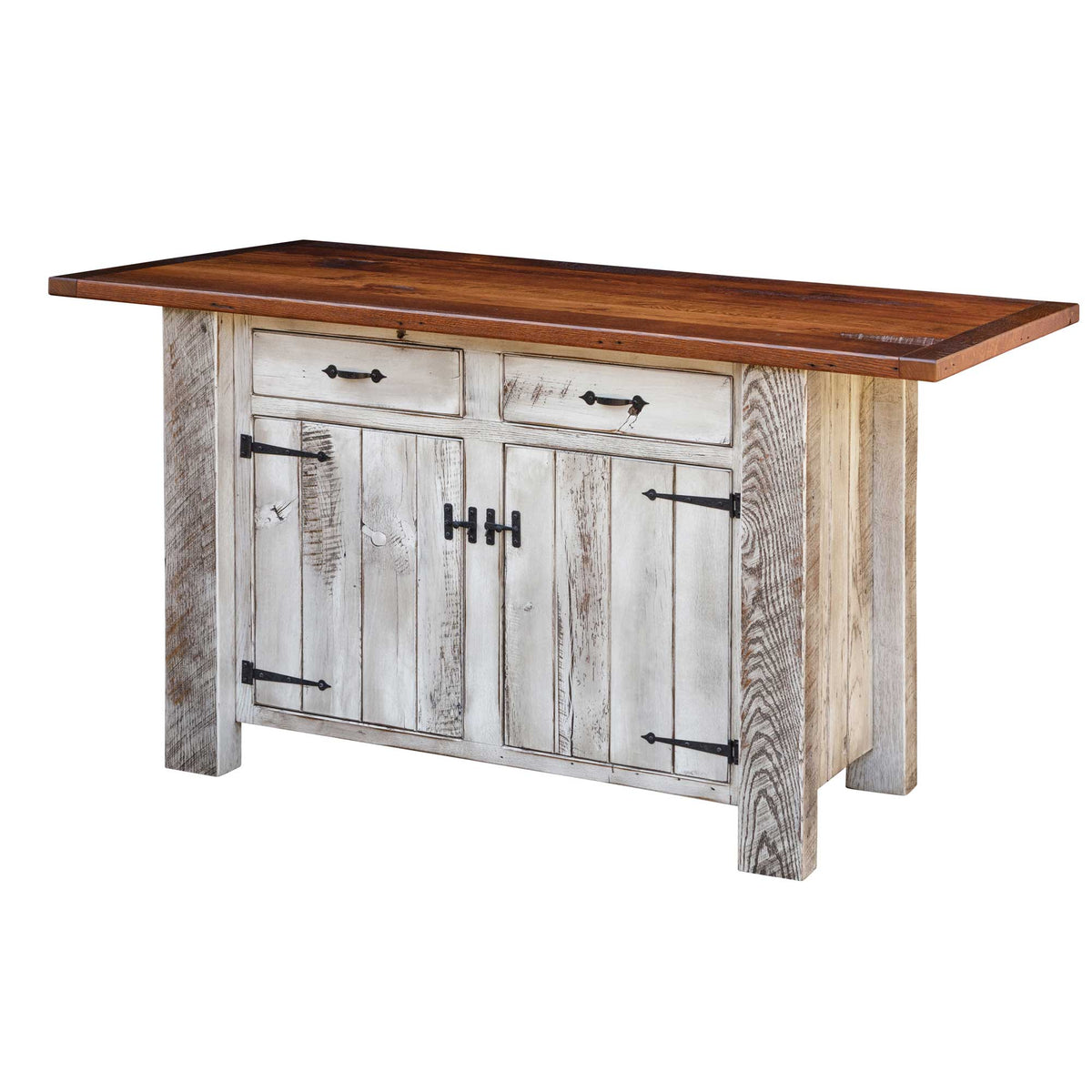 Whitewashed kitchen island with two drawers, plank double doors, iron hardware and a stained overhang top