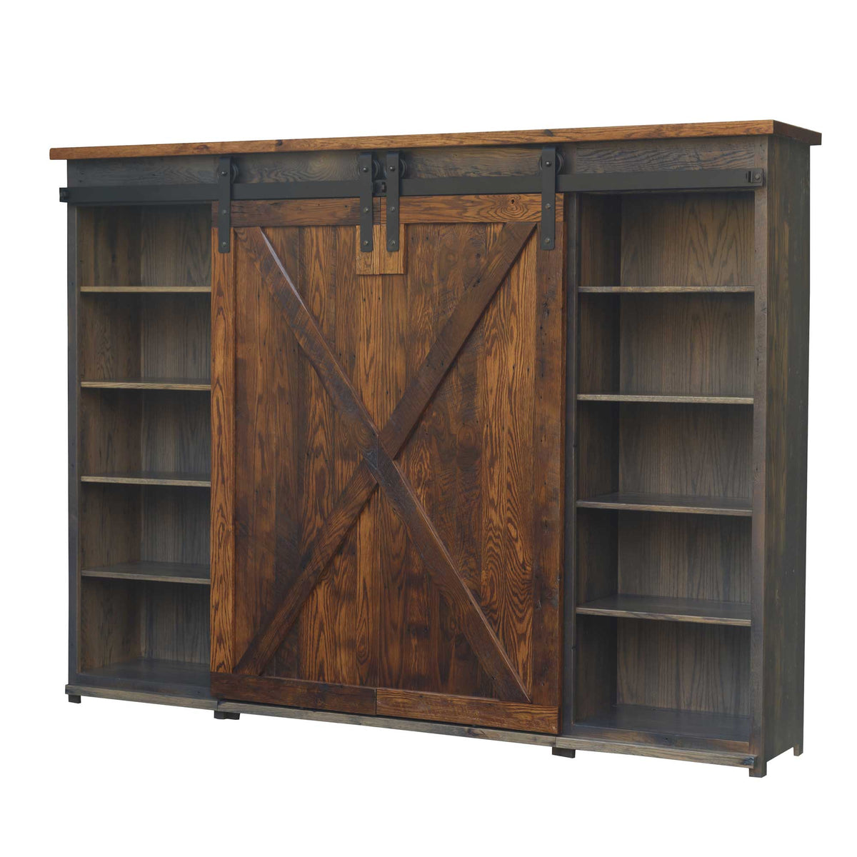 Barnwood TV wall unit with the barn door slid closed over the TV bay, revealing five adjustable shelves in each side compartment