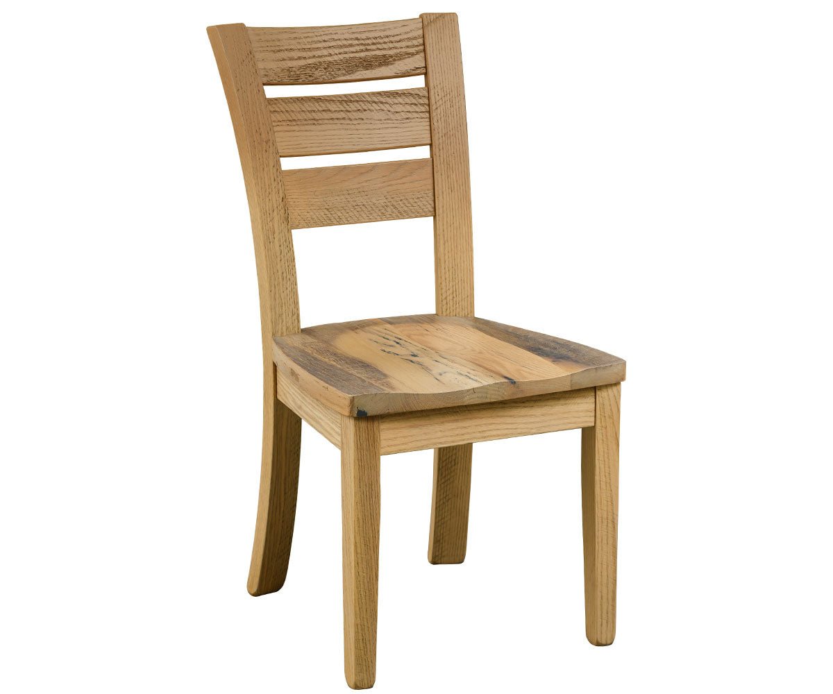 Reclaimed oak ladder back dining chair with a saddle shaped spalted wood seat and light natural finish on a white background