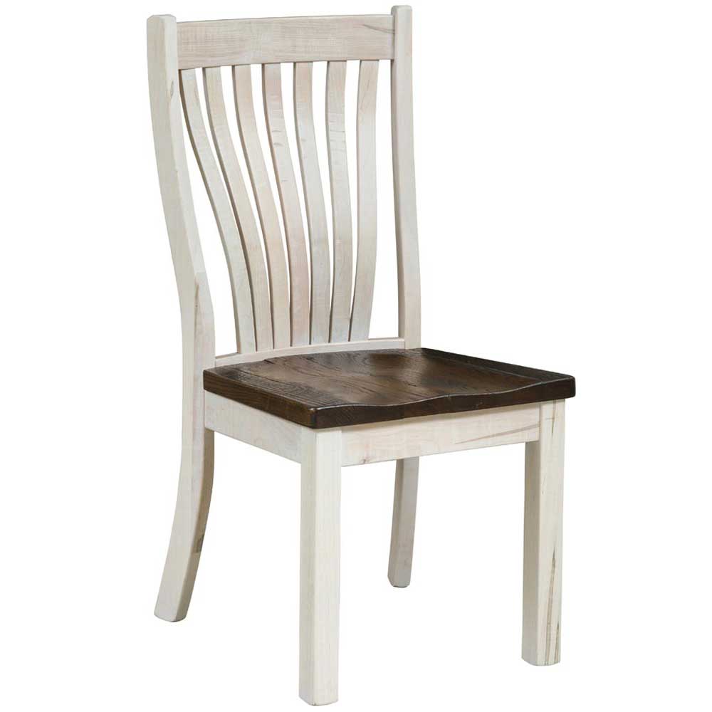Farmhouse dining chair with antique white fanned slat back and legs paired with a scooped dark brown wood seat