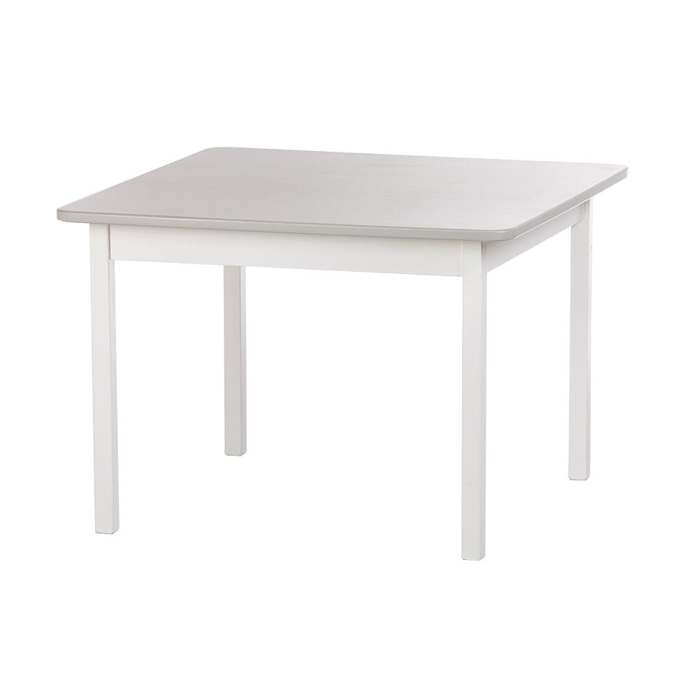 Gray-topped square kid's table with white apron and legs, photographed at an angle on white