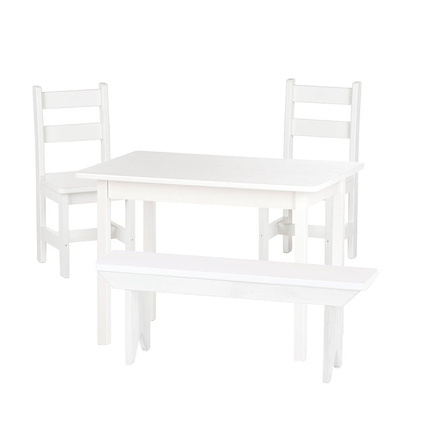 White children's table set with two ladder-back chairs and a matching backless bench along the front edge