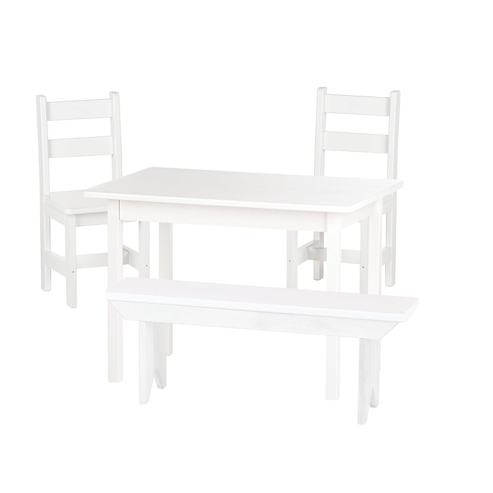 White children's table set with two ladder-back chairs and a matching backless bench along the front edge