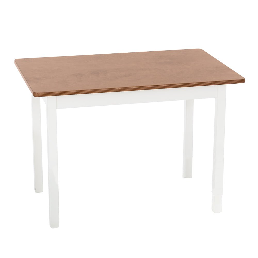 Rectangular kid's table with a warm stained top and white legs, angled studio shot on a white background
