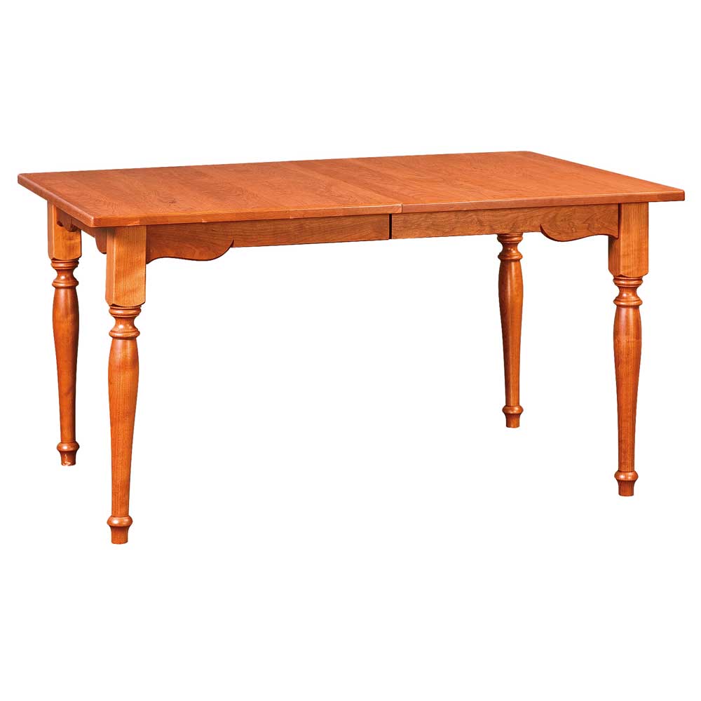 Extension dining table in cherry with ornately turned country legs and a scalloped apron on a white background
