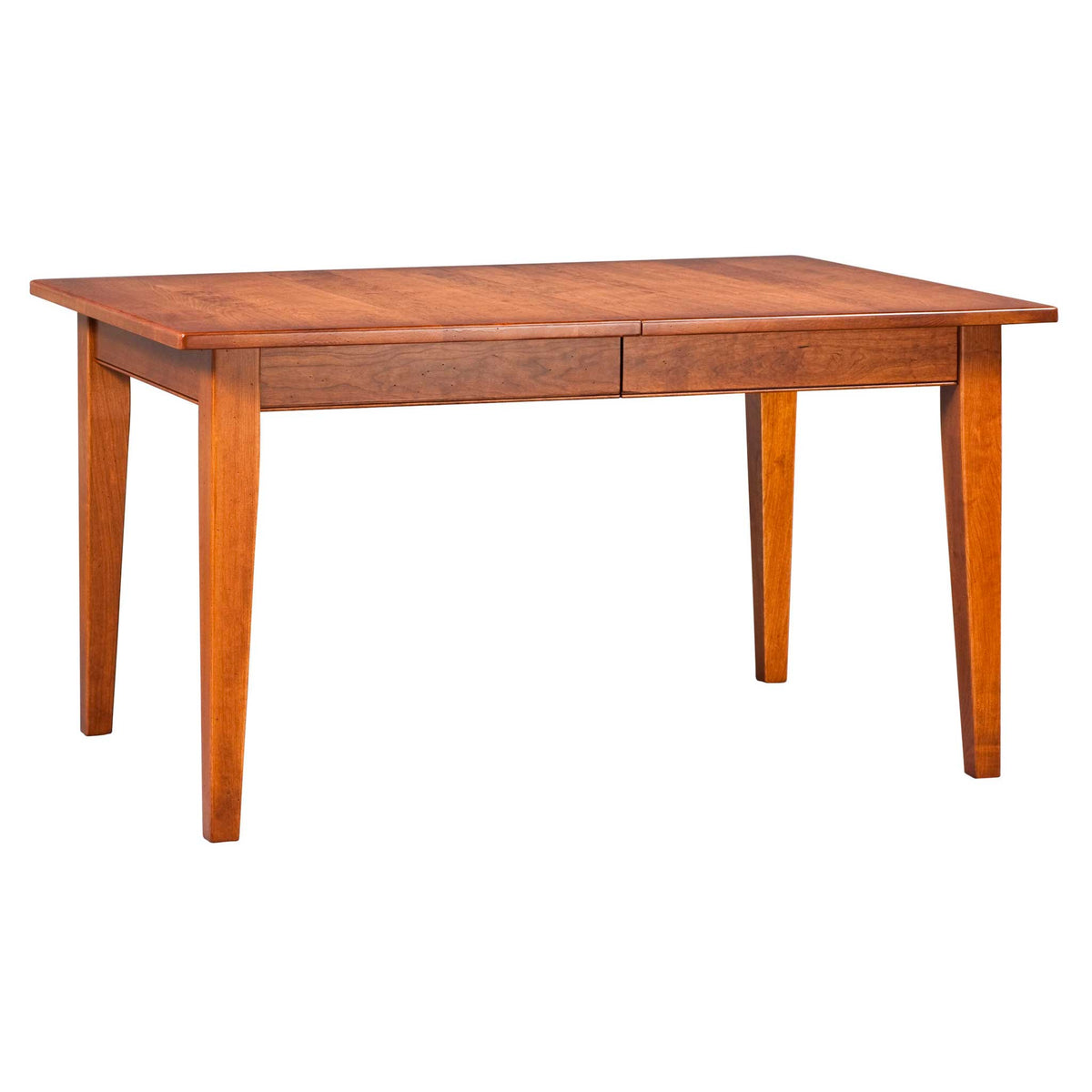 Cherry rectangular extension dining table with plain tapered legs and a center leaf seam on white
