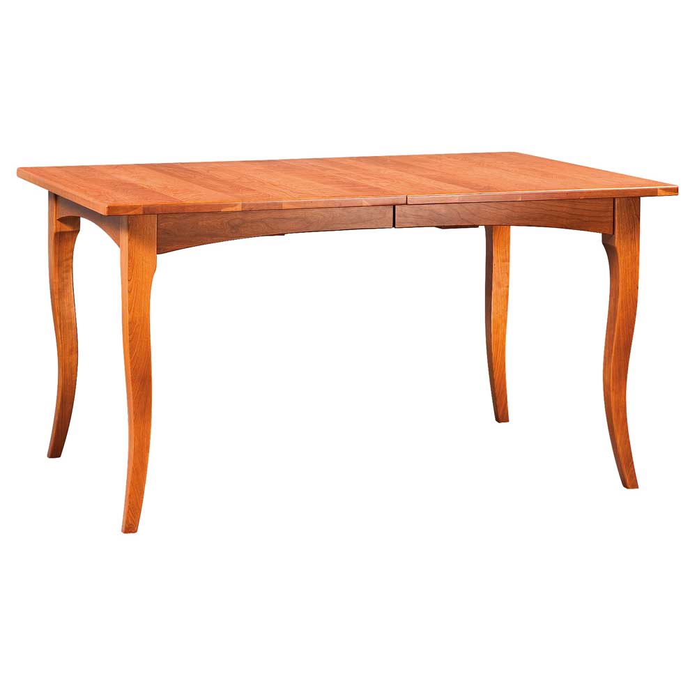 Cherry extension dining table with dramatically flared saber legs and a smooth rectangular top