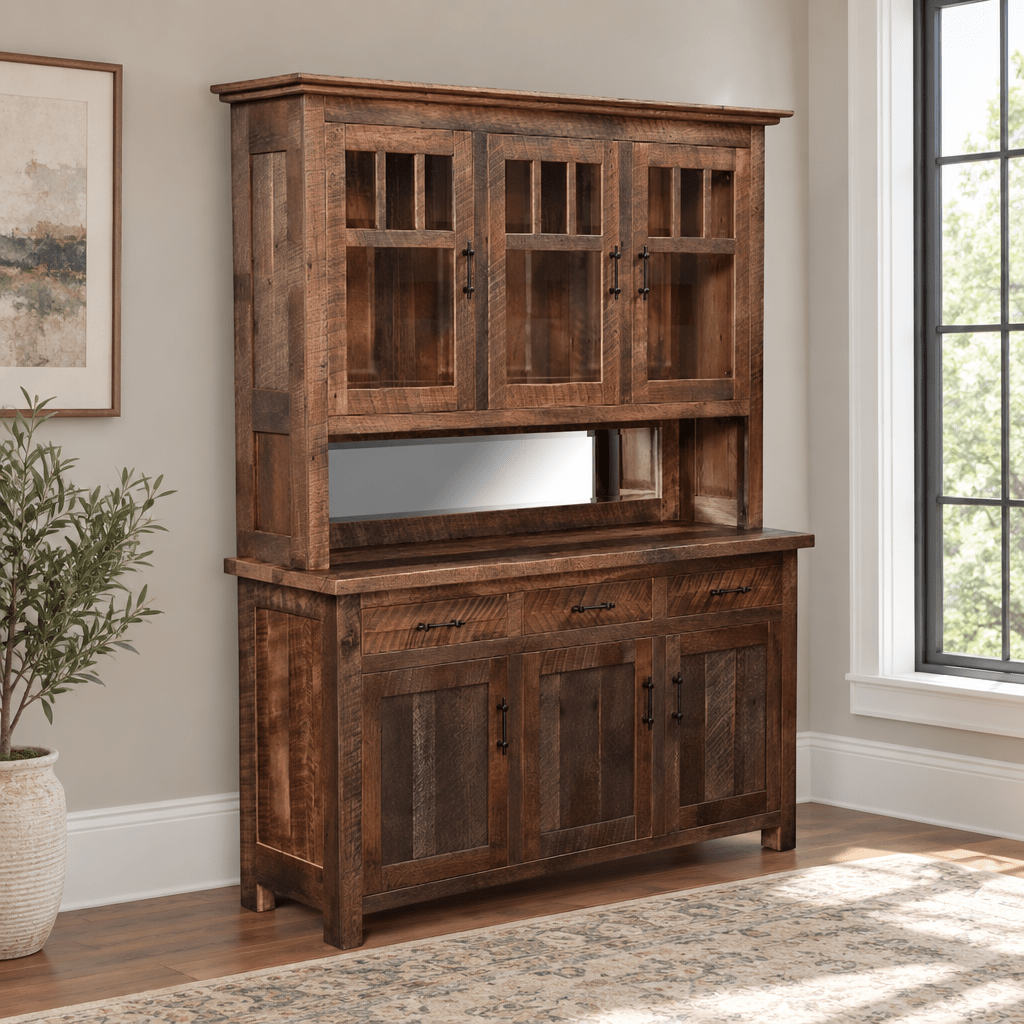 Amish Redland Reclaimed Wood Hutch shown in the dining room of a transitional home