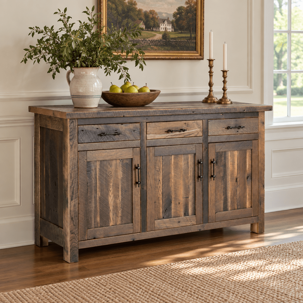 Amish Redland Reclaimed Wood Server shown in the dining room of a traditional colonial home
