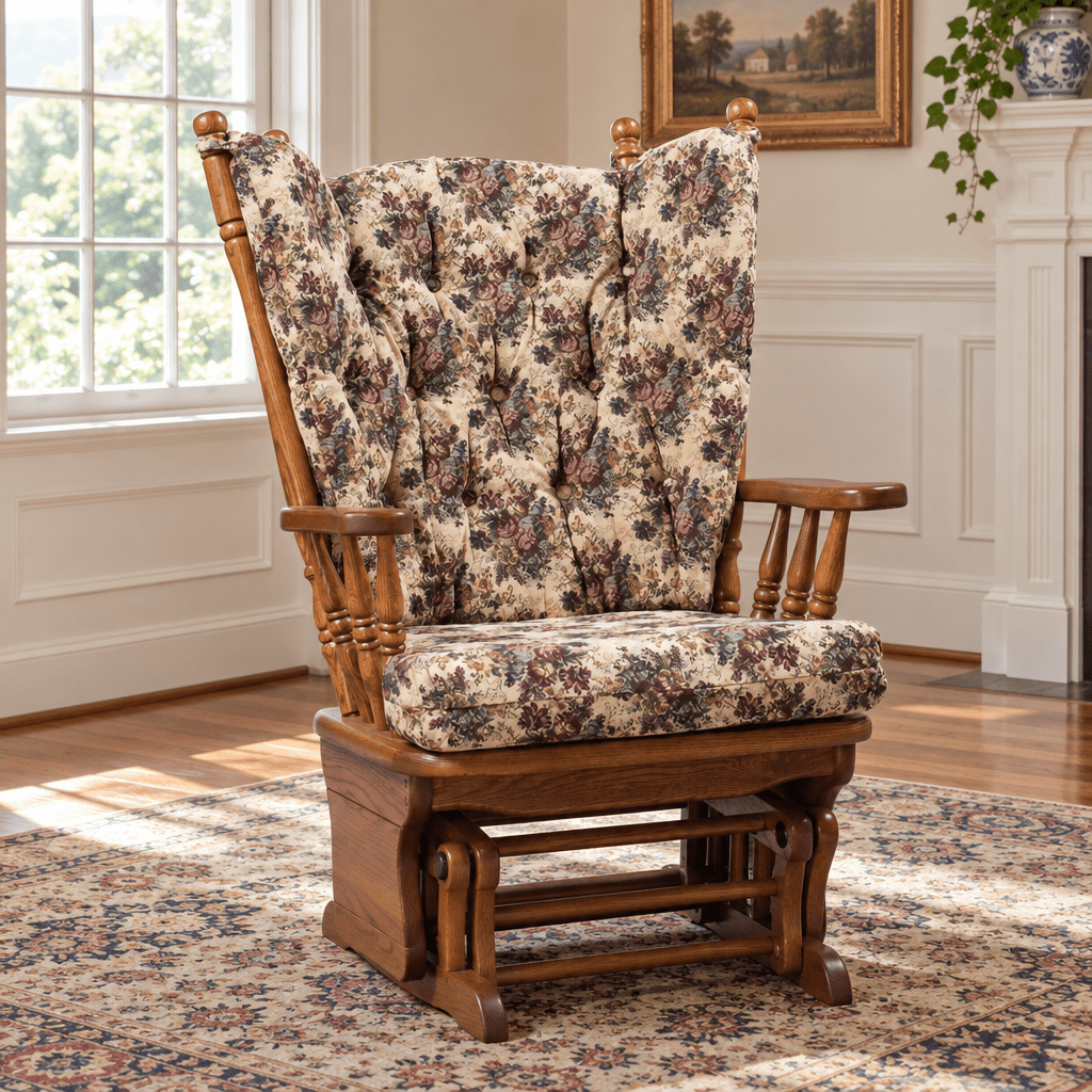Amish Replacement Cushion Set for High Back or Wingback Glider Rocker shown in the living room of a traditional colonial home