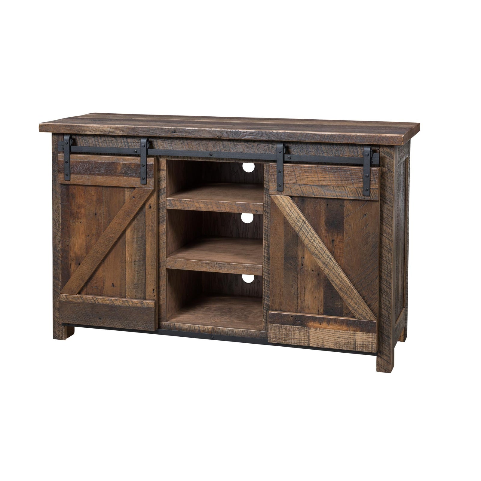 Reclaimed wood tv stand with two sliding barn doors on black rail hardware and open center shelving in a living room
