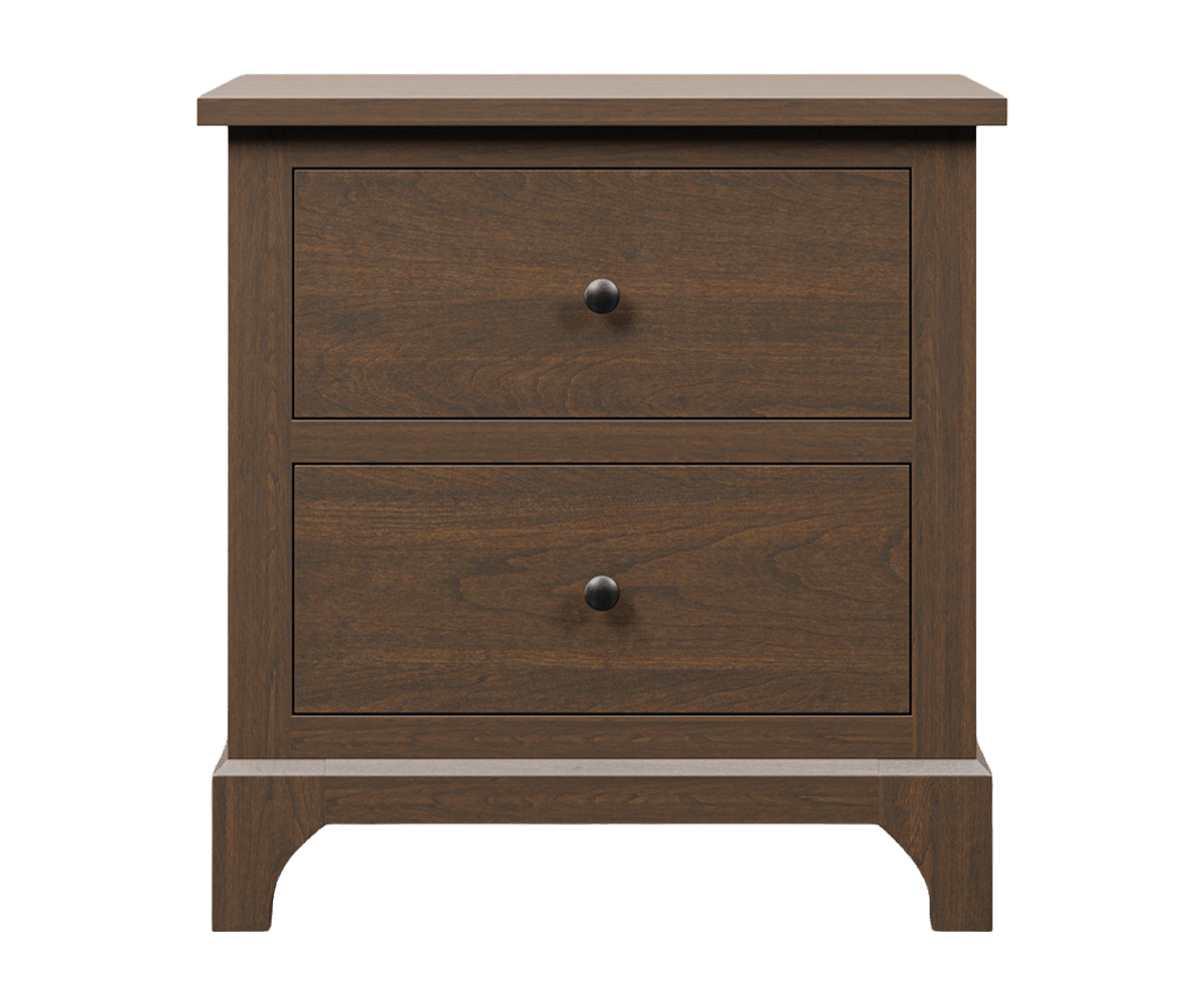 Two drawer nightstand in brown cherry with dark round knobs, arched base rail and simple shaker lines