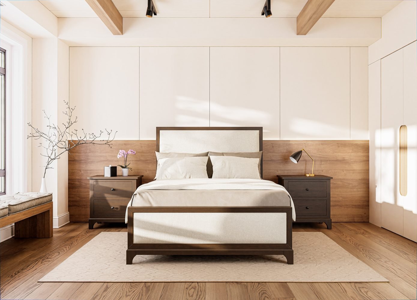 Three drawer bedroom chest in a weathered brown finish with dark knobs and a curved apron base, shown angled