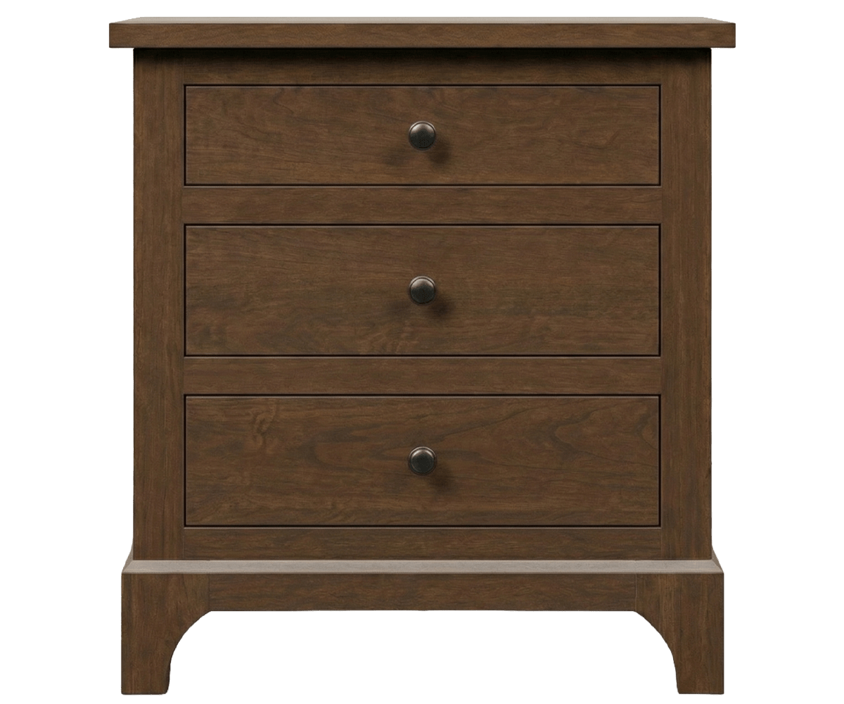 Front view of a three drawer nightstand in brown cherry with dark round knobs and gently arched base
