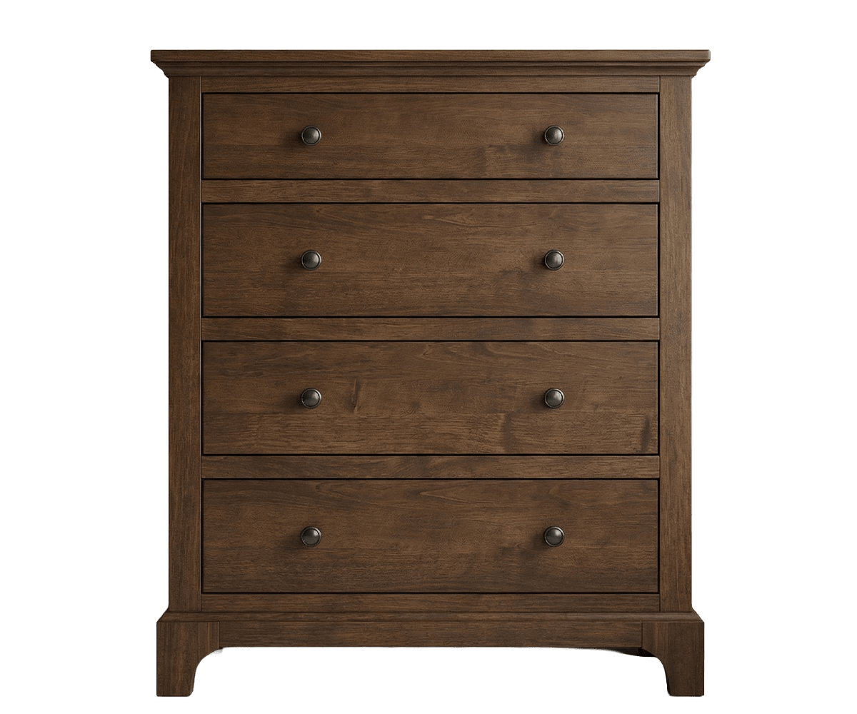 Four drawer bedroom chest in brown cherry with evenly spaced dark knobs, molded top and arched bracket base