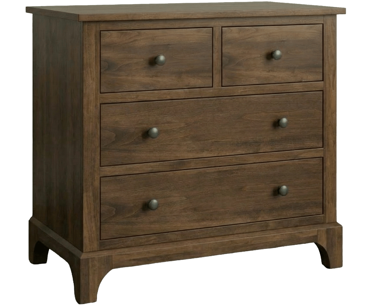 Split top chest with two small drawers over two wide drawers in a warm brown finish with dark knobs
