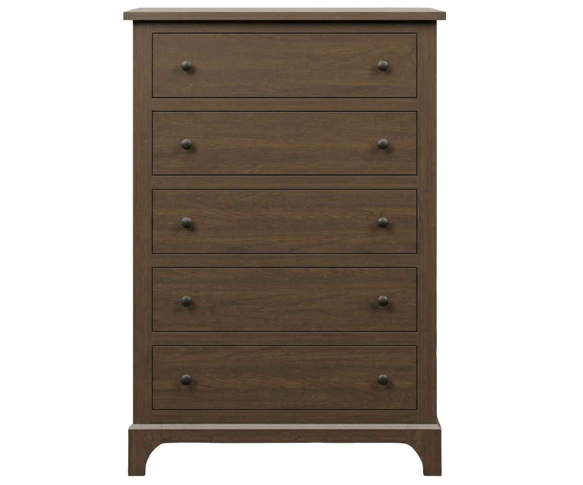 Five drawer chest of drawers in brown cherry with paired dark knobs, thin top molding and curved base rail
