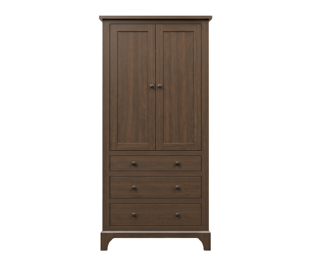 Tall lingerie cabinet with two paneled doors above three drawers, dark knobs and an arched bracket base