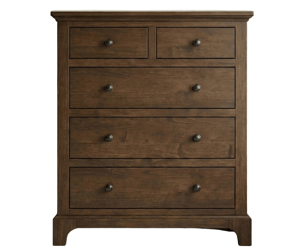 Split top chest with two small top drawers over three deep drawers in brown cherry with dark round knobs