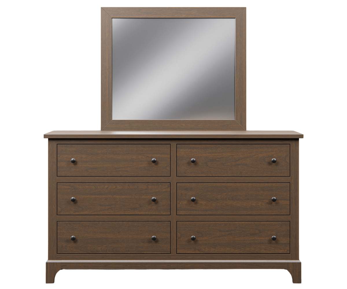 Six drawer dresser in brown cherry with a matching square wall mirror, dark knobs and arched base