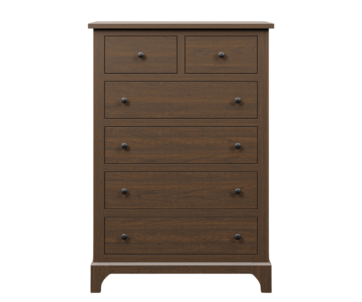 Six drawer split top chest with two small drawers over four wide drawers, dark knobs and arched base