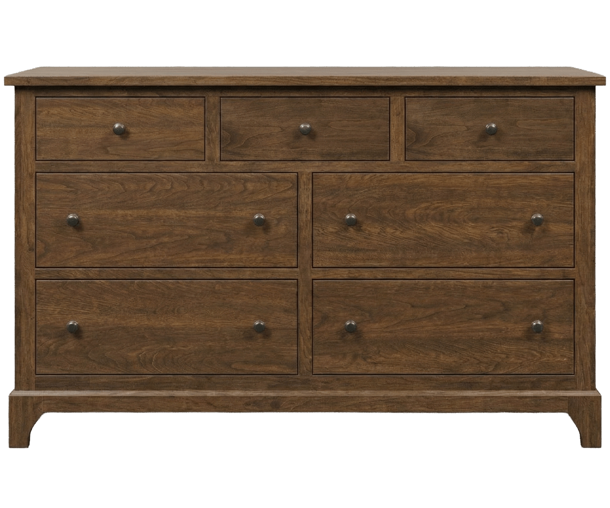 Seven drawer dresser in brown cherry with three small top drawers over four deep drawers and dark round knobs