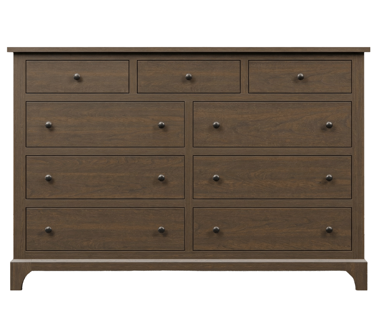 Nine drawer dresser in brown with three shallow top drawers over six wide drawers and dark round knobs