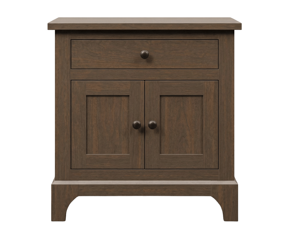 Nightstand with one drawer above two raised panel doors in brown cherry with dark knobs and arched base