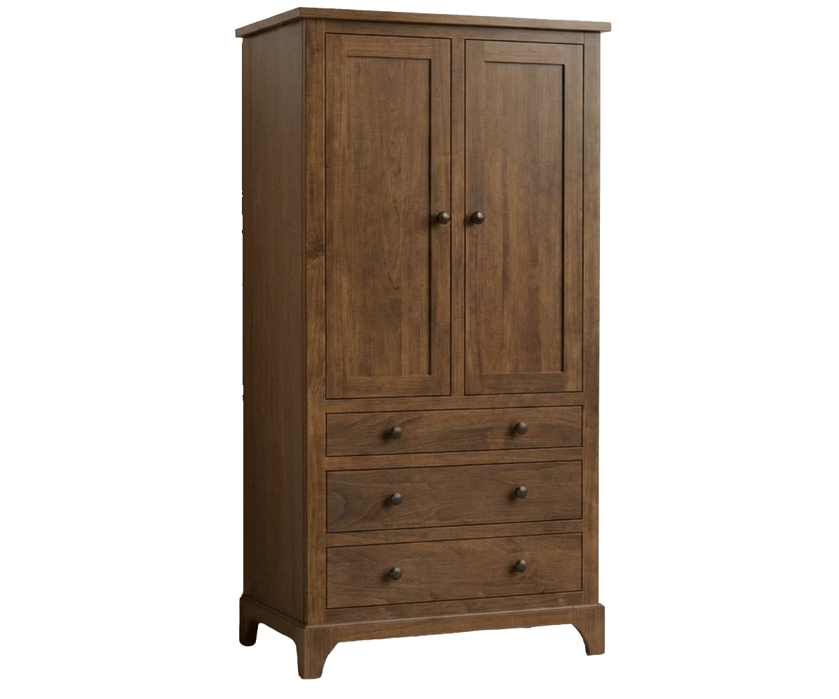 Bedroom armoire wardrobe in brown cherry with two tall paneled doors over three drawers and dark round knobs
