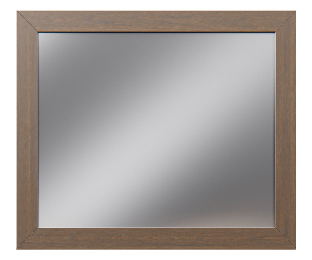 Rectangular bedroom mirror with a wide flat brown wood frame and beveled glass on a white background