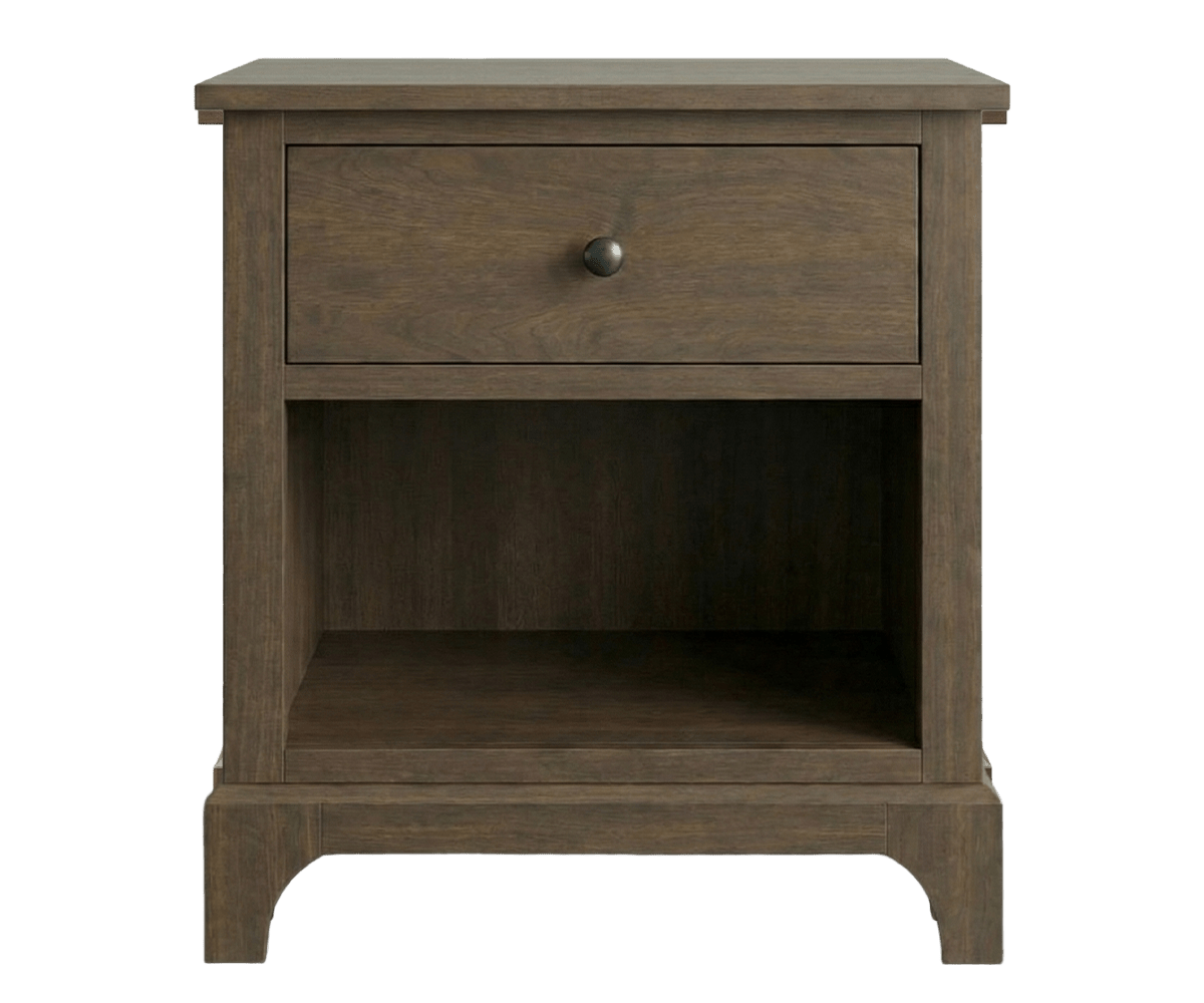 Open nightstand in brown with a single drawer, dark knob and roomy open shelf below on an arched base