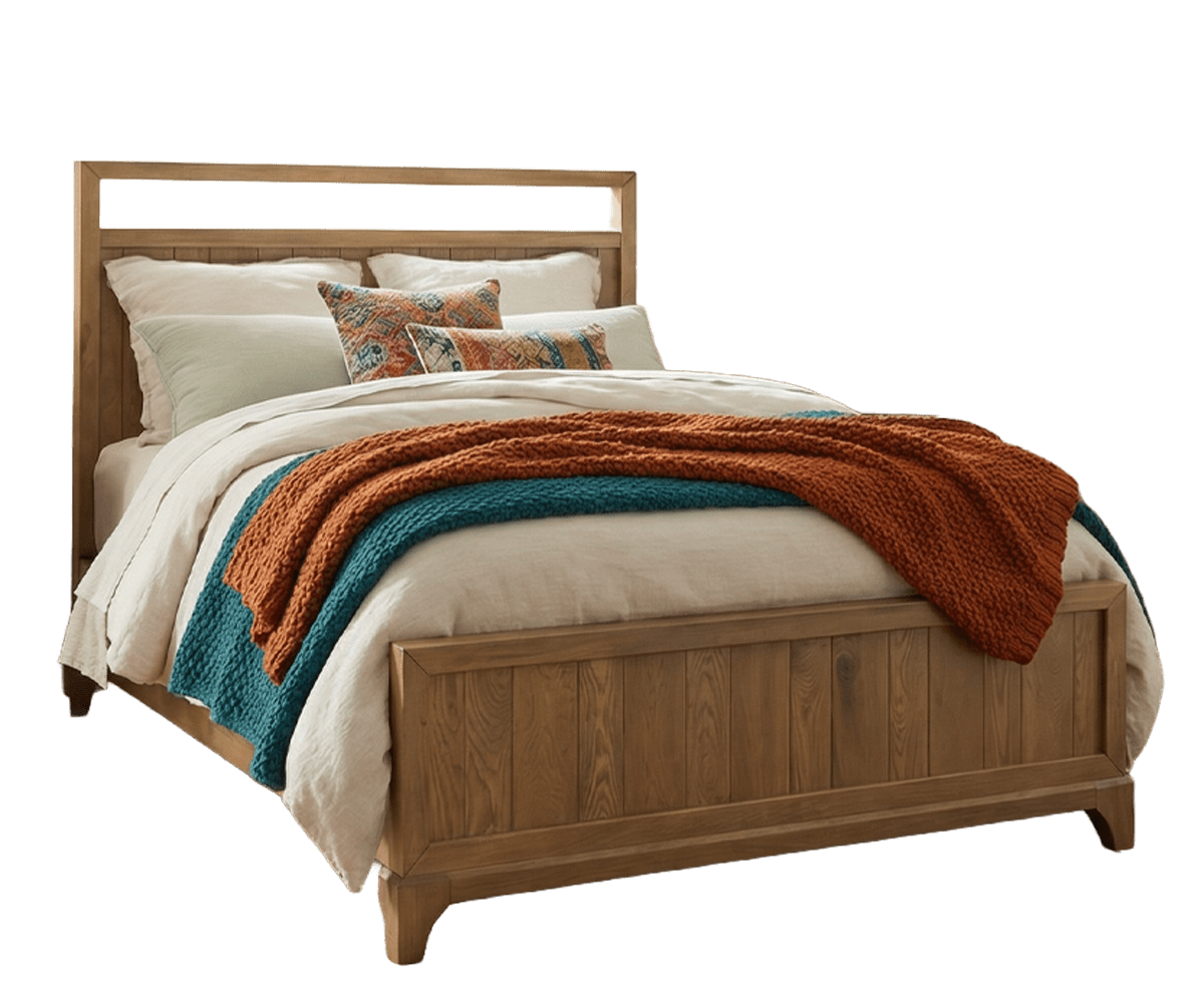Natural oak bedroom with plank panel bed, three drawer nightstands, tall chest and colorful southwestern rug