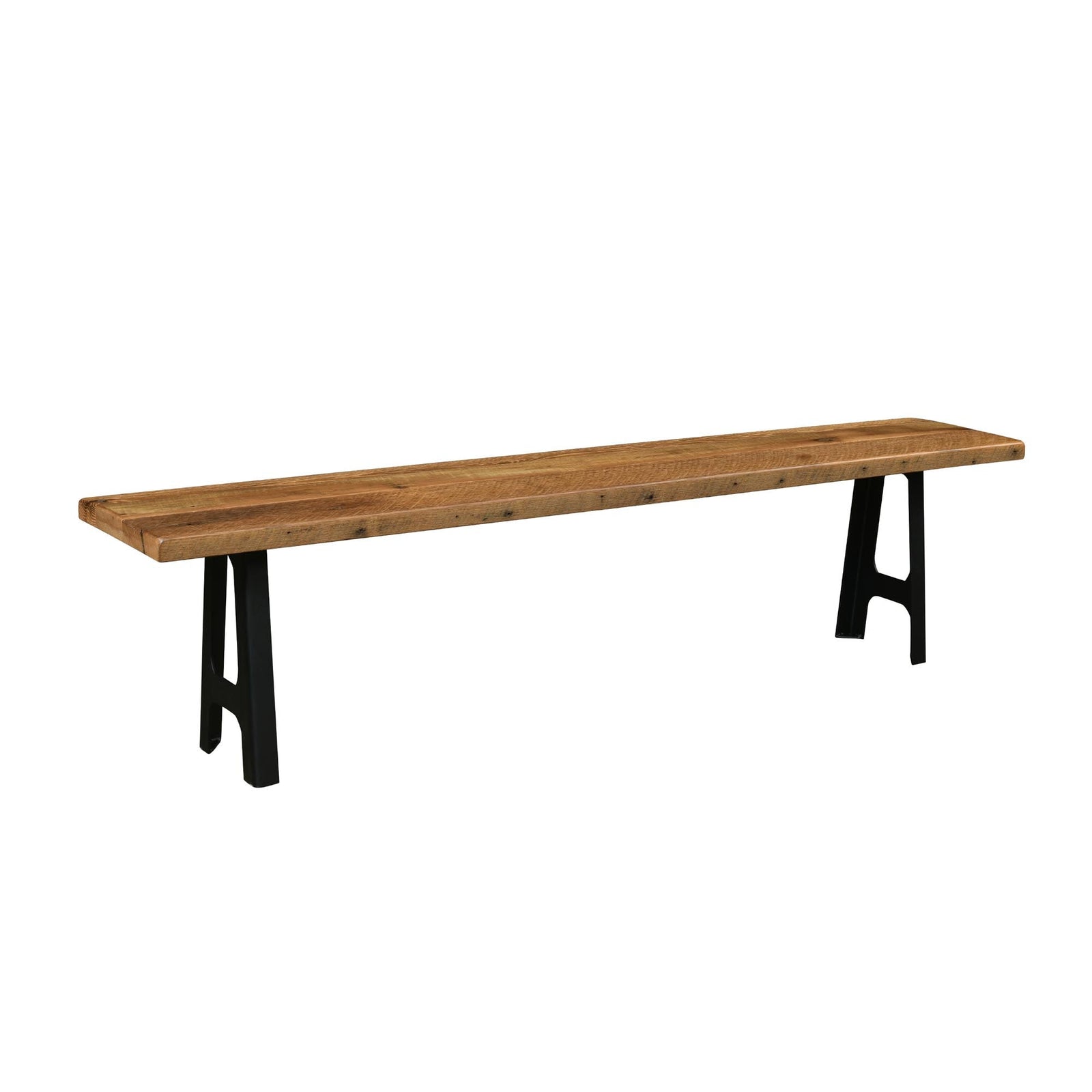 Plank-top dining bench with black A-frame industrial legs shown beside upholstered chairs on a red patterned rug