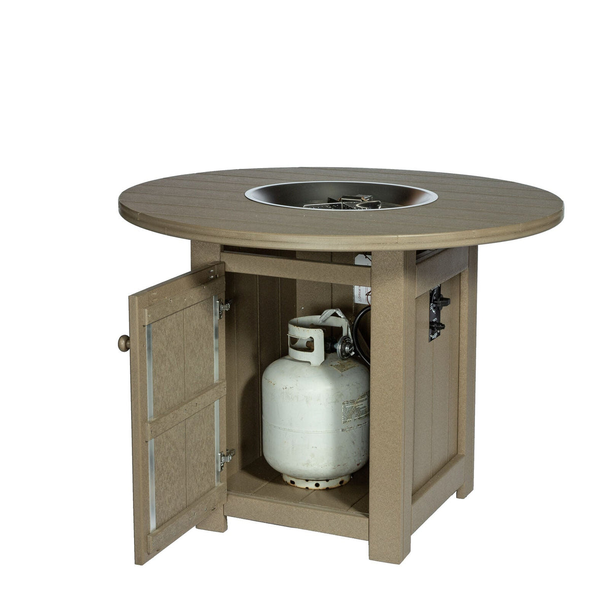 Base cabinet of a weathered wood poly fire pit table open with a propane tank and regulator inside