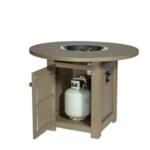 Base cabinet of a weathered wood poly fire pit table open with a propane tank and regulator inside