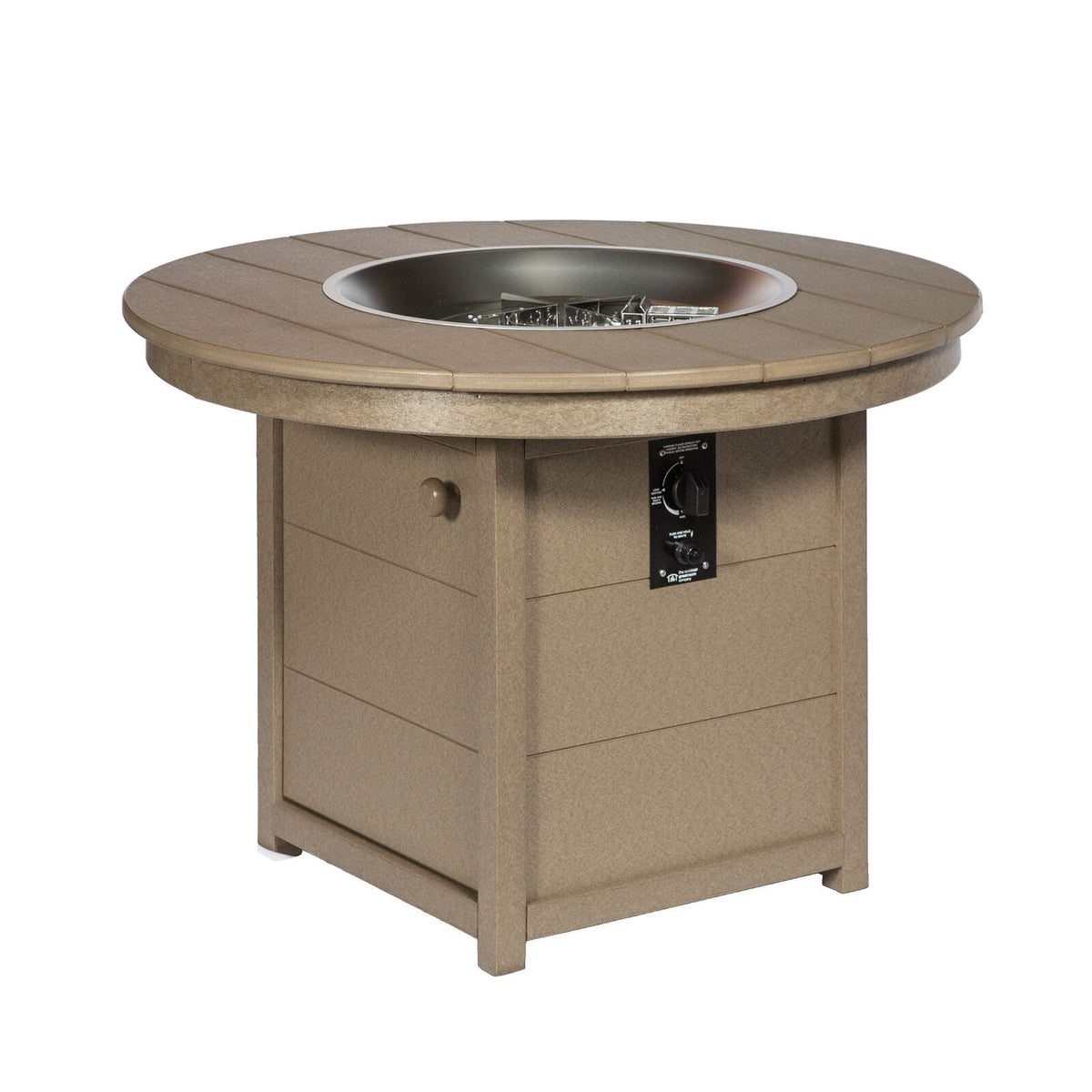 Round weathered wood poly propane fire pit table with stainless burner and control knob on a white background