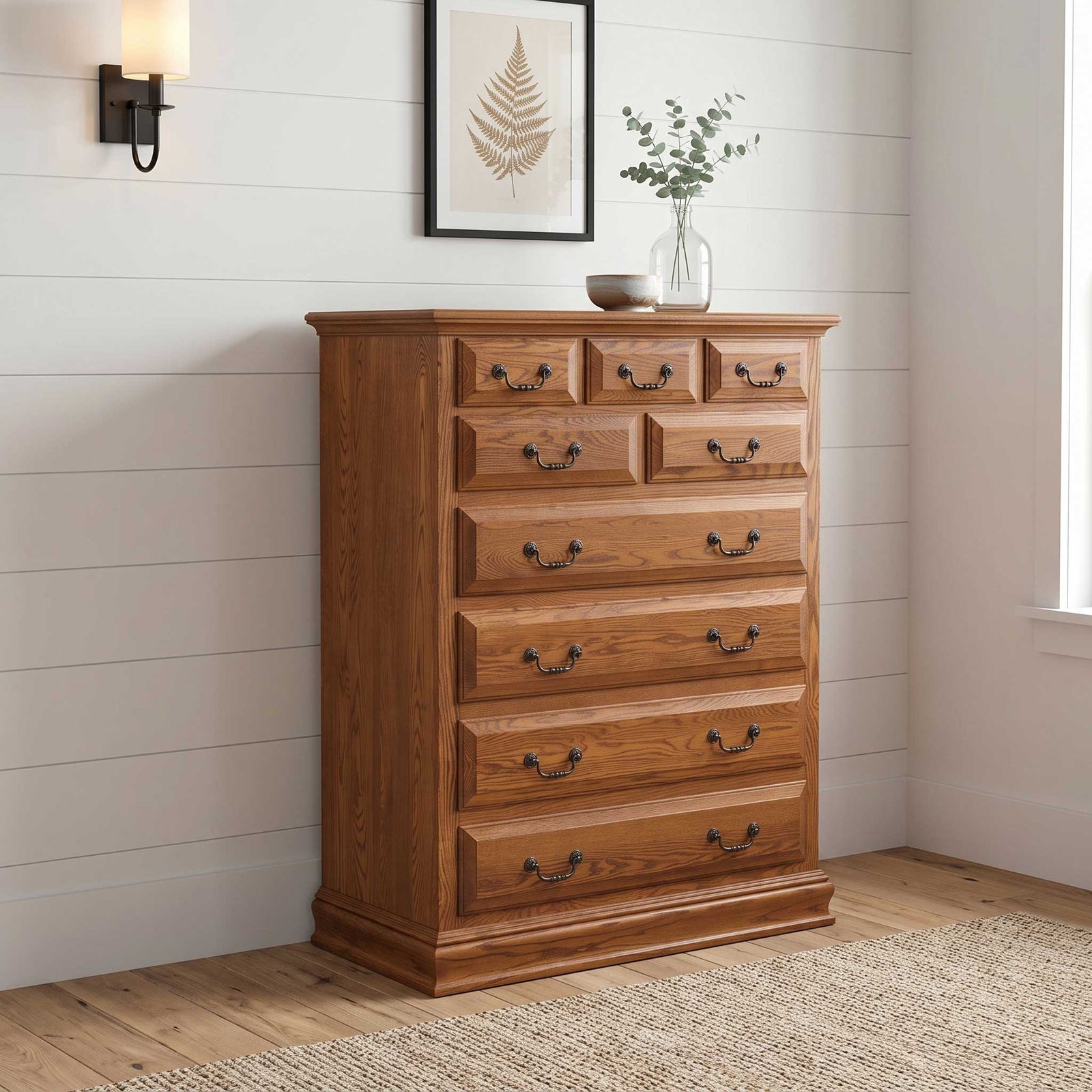 Amish Eden Royal Large Chest of Drawers shown in the bedroom of a modern farmhouse home
