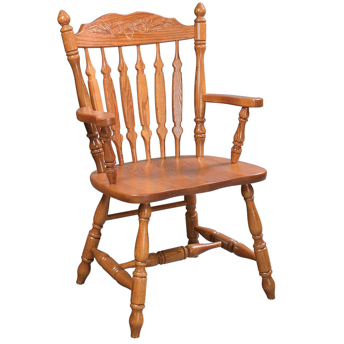 Oak arm chair with a carved crest rail, decorative spindles, flat arms and turned stretcher braced legs