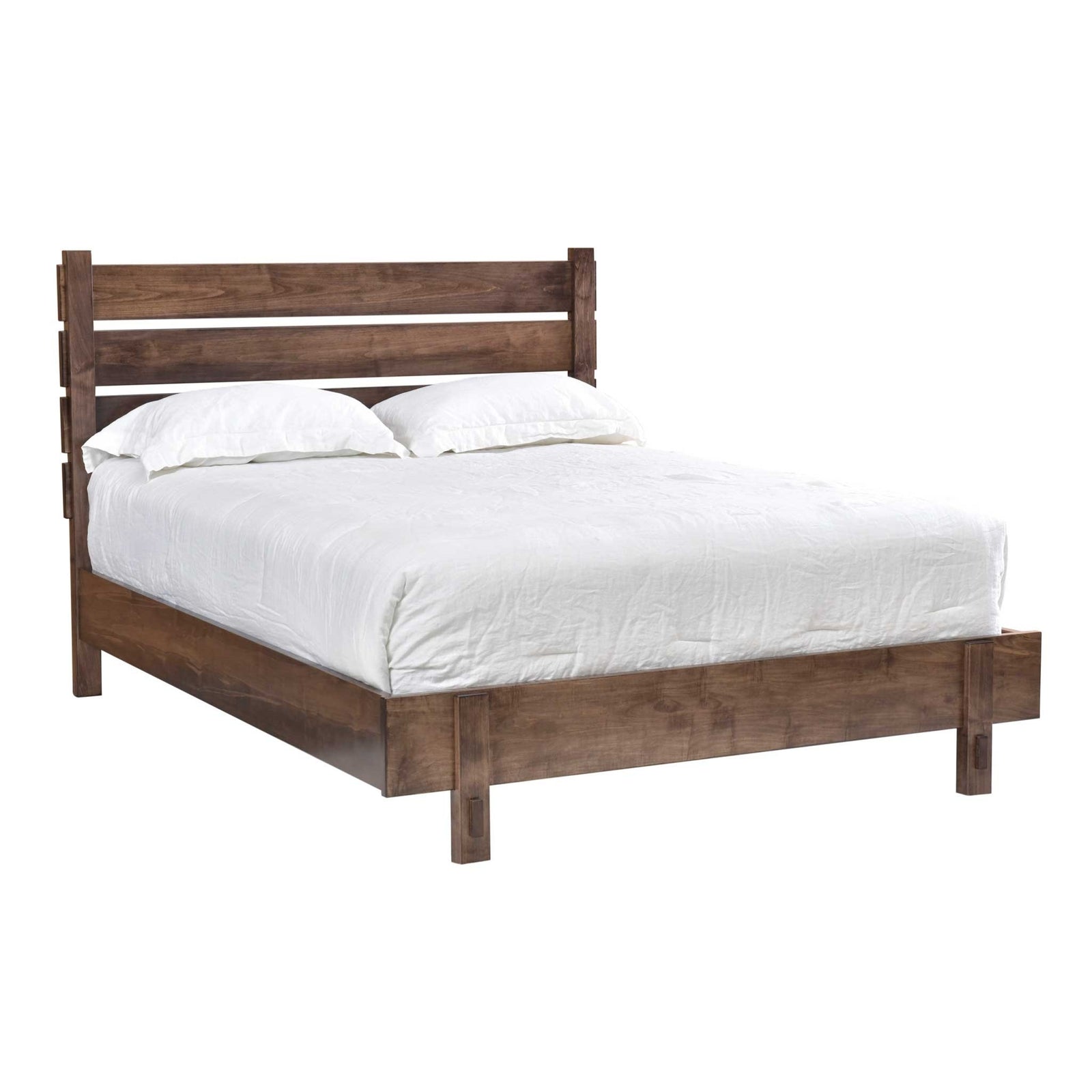 Rustic plank bed with slatted headboard and exposed peg joinery in a gray loft with nightstand and tall chest