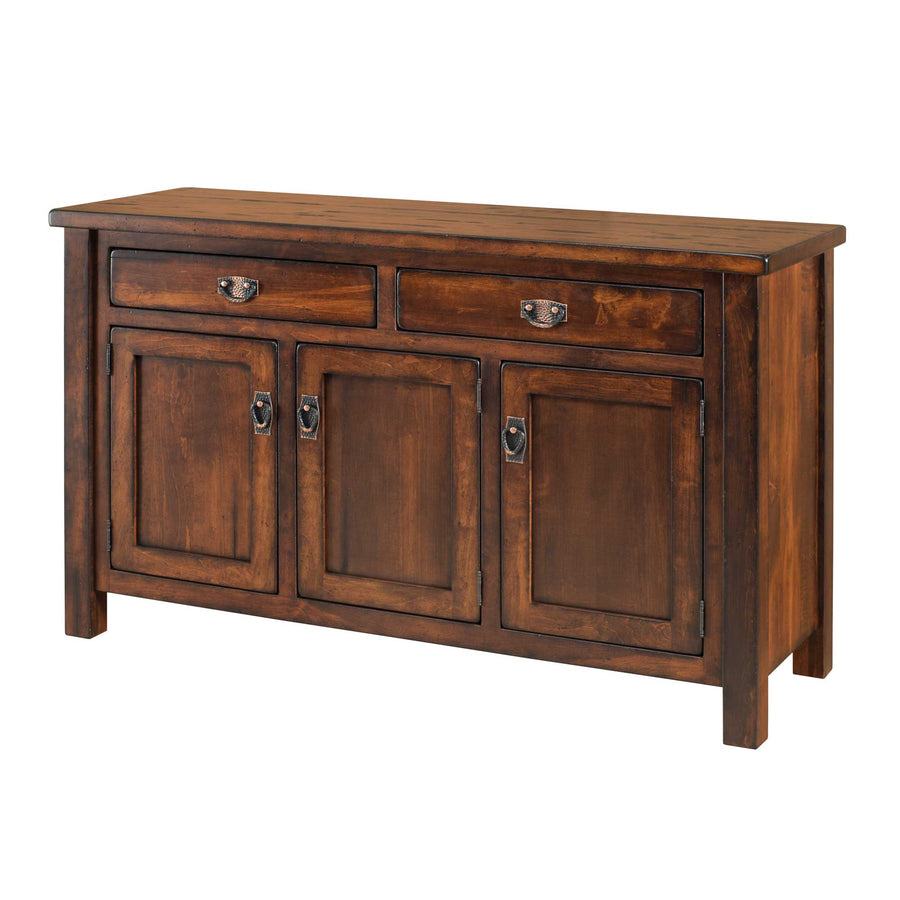 Amish Rustic Ancient Mission Butcher Block Top 3-Door Dining Buffet with a brown finish.