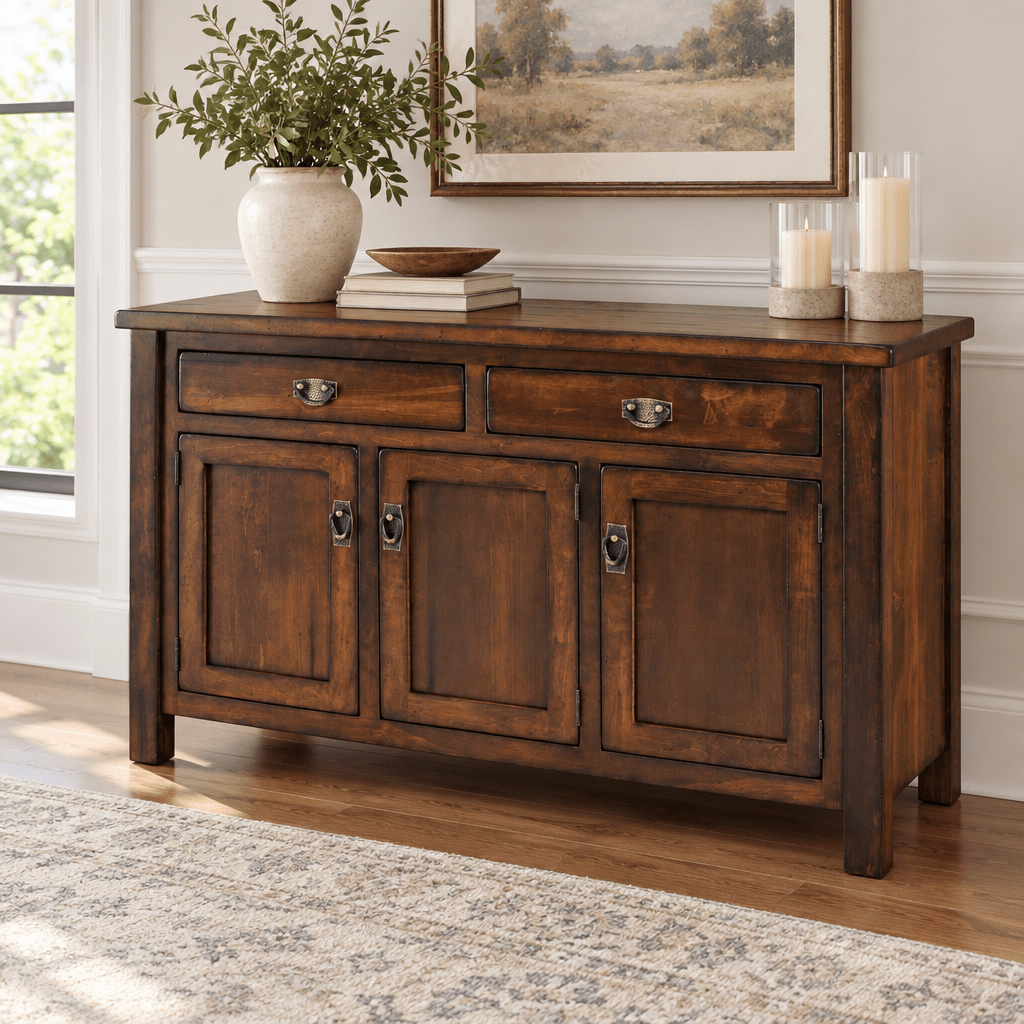 Amish Rustic Ancient Mission Butcher Block Top 3-Door Dining Buffet shown in the dining room of a transitional home