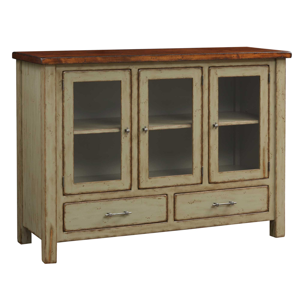 Distressed sage green dining sideboard with a butcher block top, three glass display doors and two drawers with nickel bar pulls