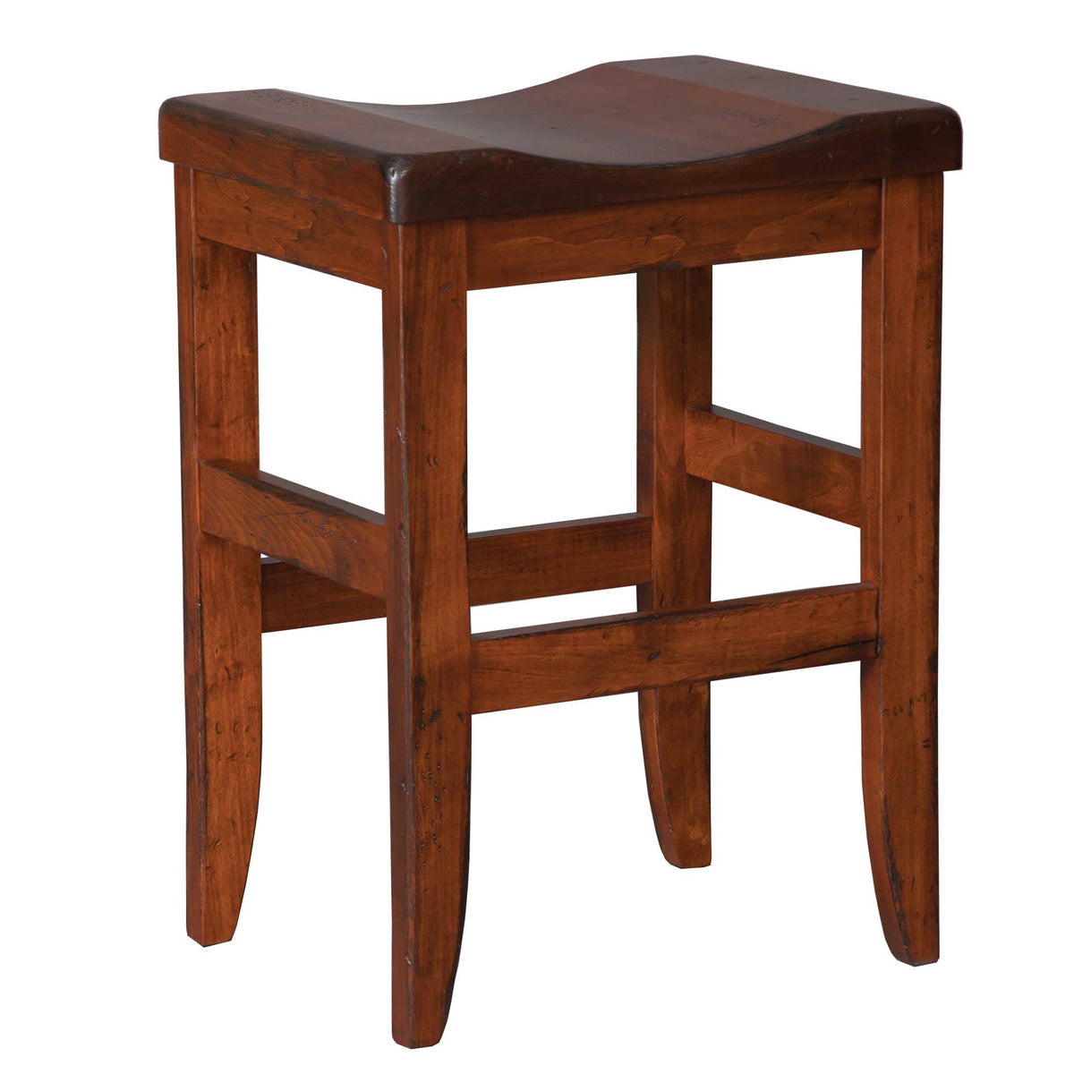 Backless saddle seat bar stool in warm rustic cherry with a scooped seat, tapered splayed legs and cross footrest rungs on white