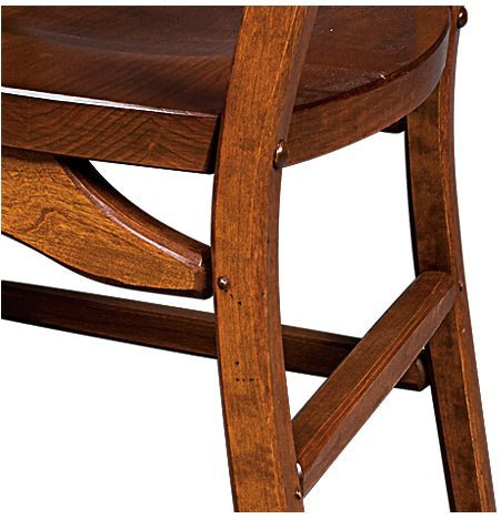 Detail of the seat and angled leg stretchers on a rustic cherry dining chair with pegged construction