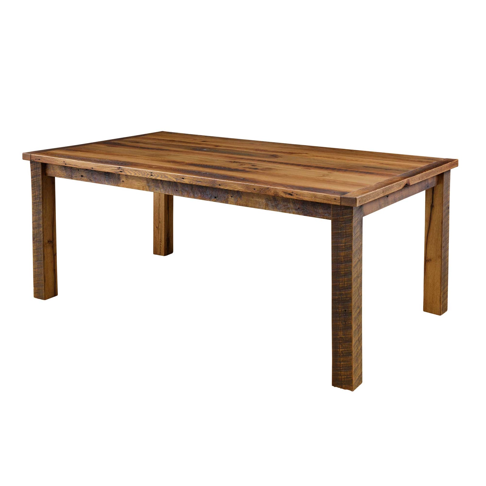 A rustic farmhouse dining set made of reclaimed barnwood, including a rectangular dining table, four chairs, and a matching bench, displayed in a room with a window.