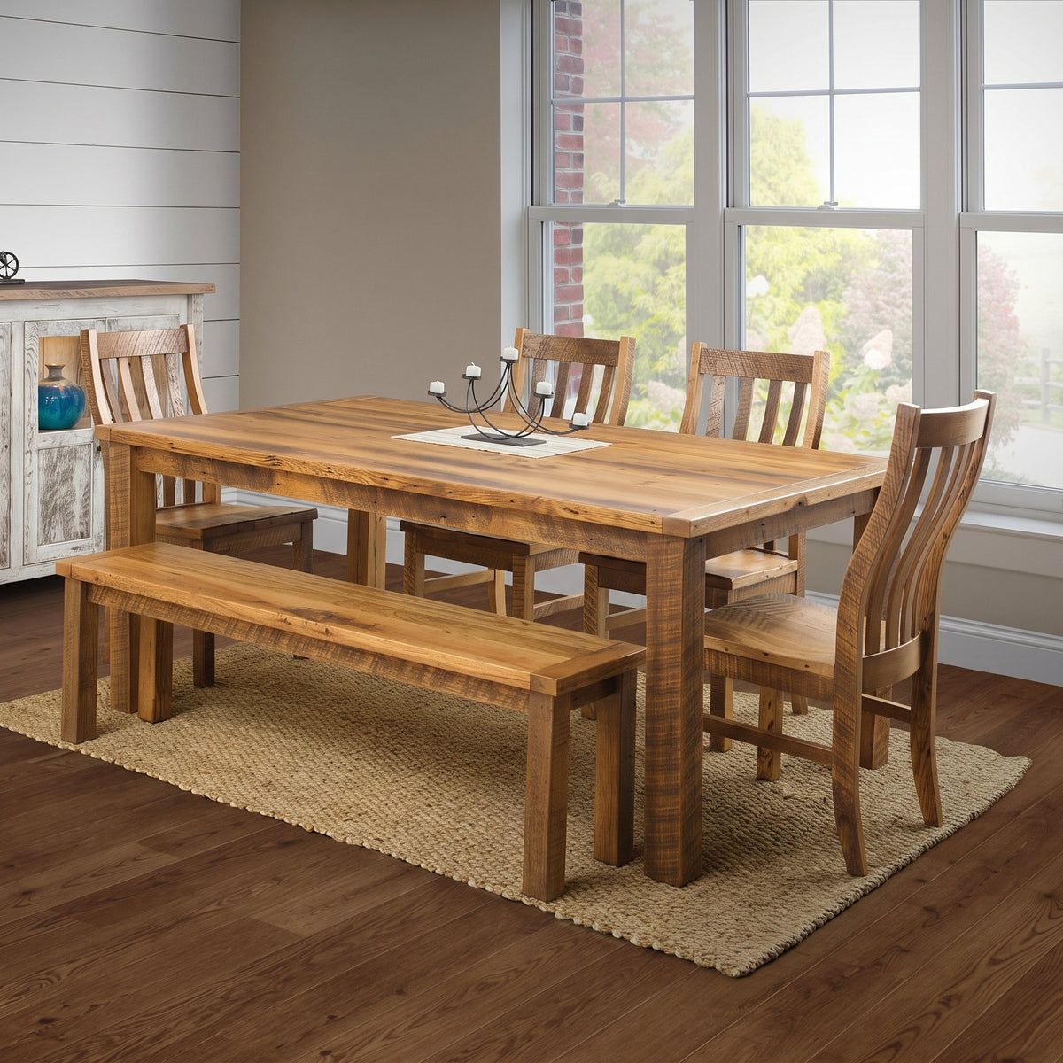 Amish Rustic Prairie Reclaimed Wood Farmhouse Dining Table & Chair Set