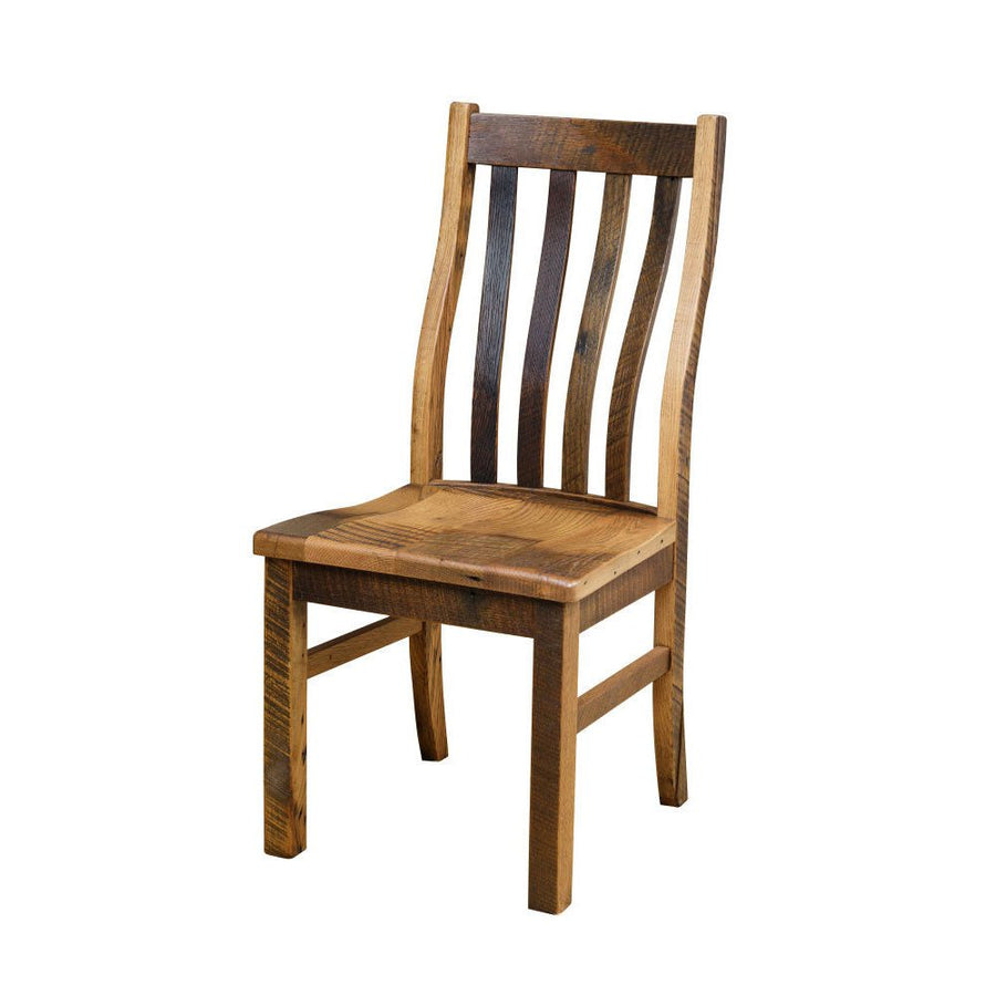Rustic reclaimed oak dining chair with three curved vertical back slats, contoured plank seat and square legs on a white background