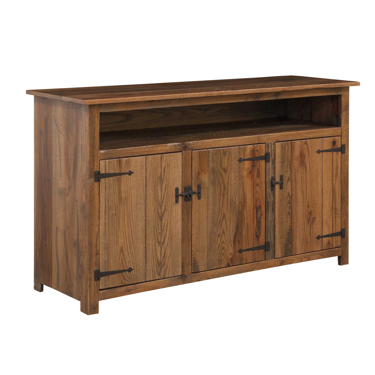 Rustic reclaimed oak TV stand with three plank doors, wrought iron strap hinges and a long open component shelf above