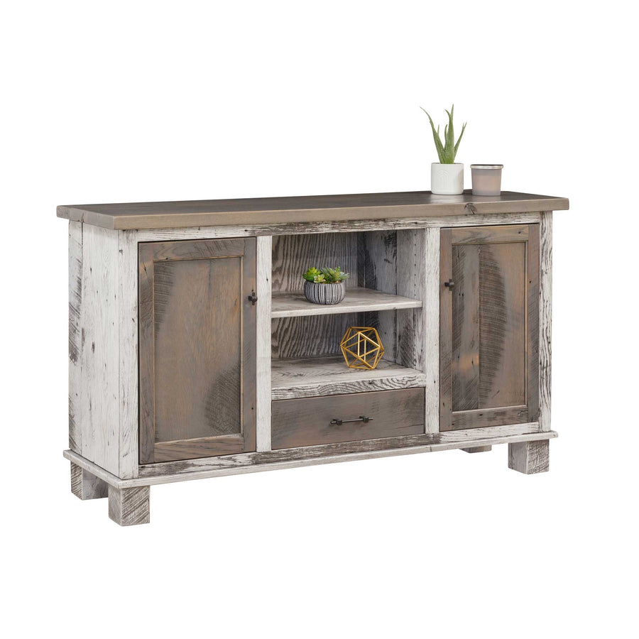 Distressed white and gray barnwood TV stand with two paneled doors, two open center shelves and a single drawer